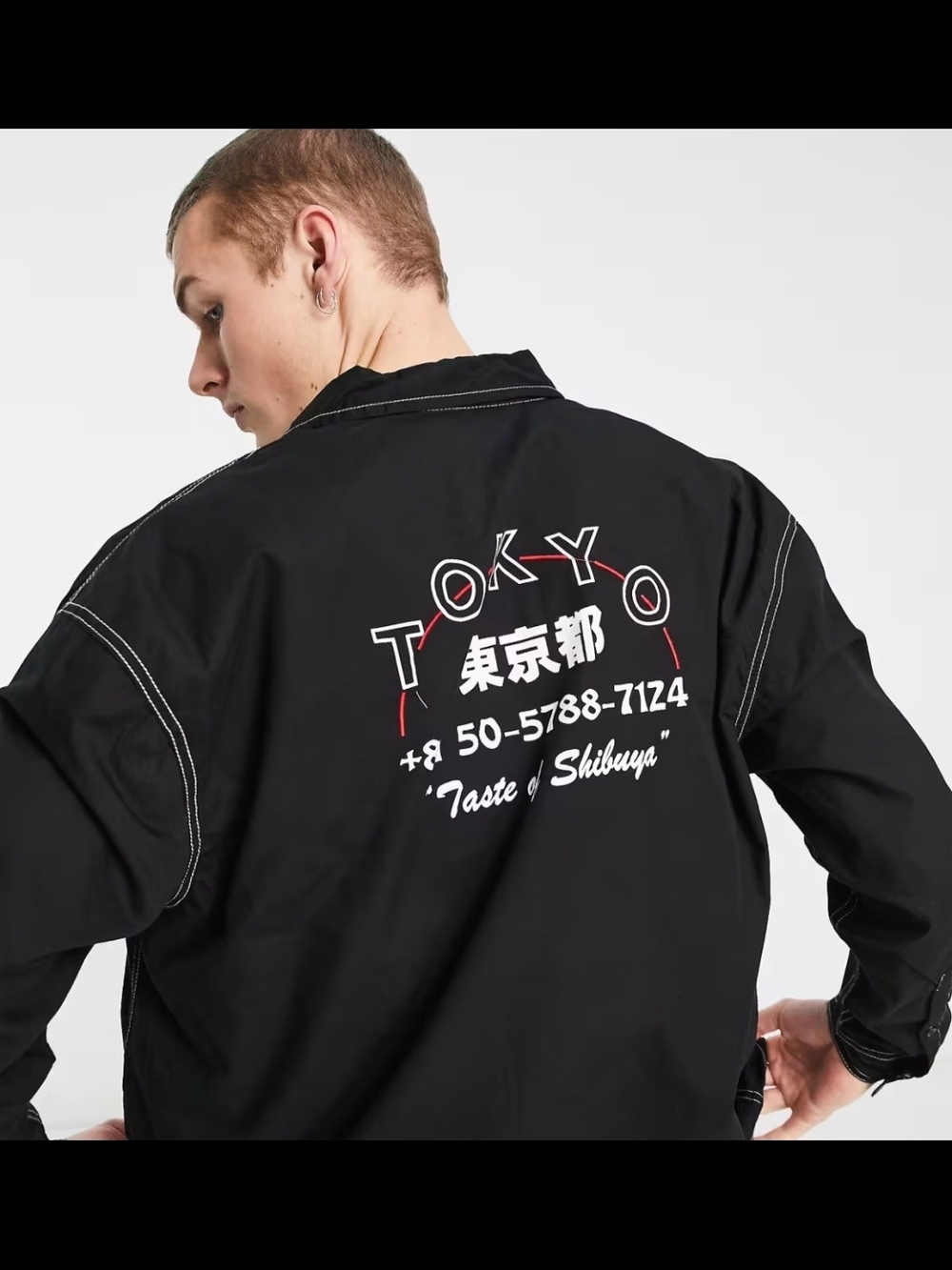 ASOS DESIGN Mens oversized Button Down Black shirt  tokyo placement print XS